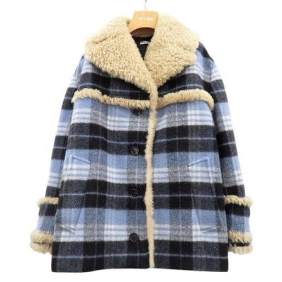 ミュウミュウ シアリングコート チェック柄 ファー付 ダッフル