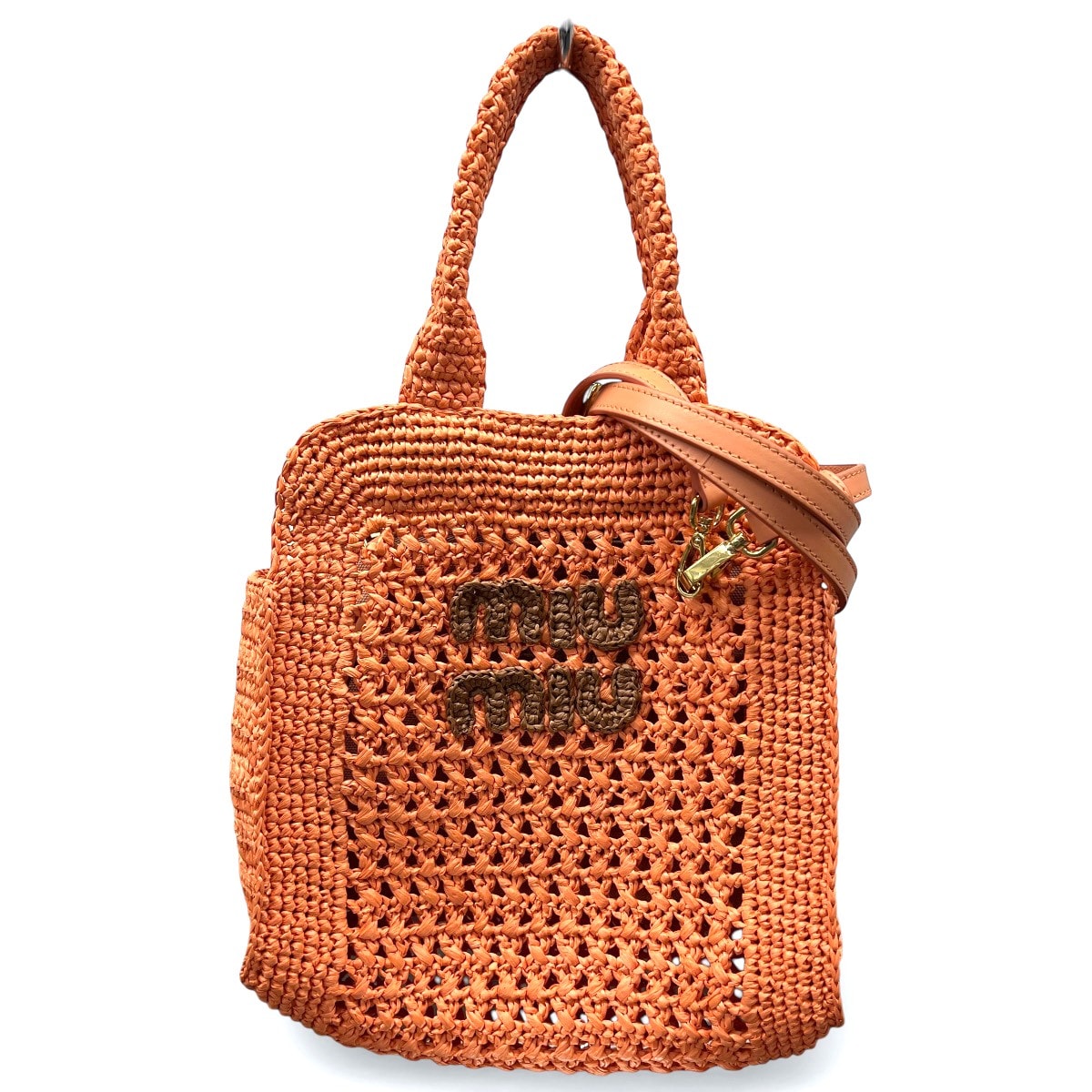 miumiu 極美品 ミュウミュウ クロシェ ファブリック 2way トートバッグ ショルダーバッグ 5BA283 ラフィア オレンジ ブラウン クロスボディ ロゴ ハンドバッグ Aランク 中古 鑑定済 ミュウミュウハンドバッグ