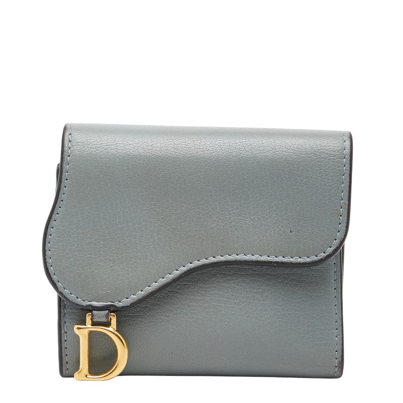 ディオール サドル ロータスウォレット 二つ折り財布 ブルーグレー レザー レディース Dior 【中古】