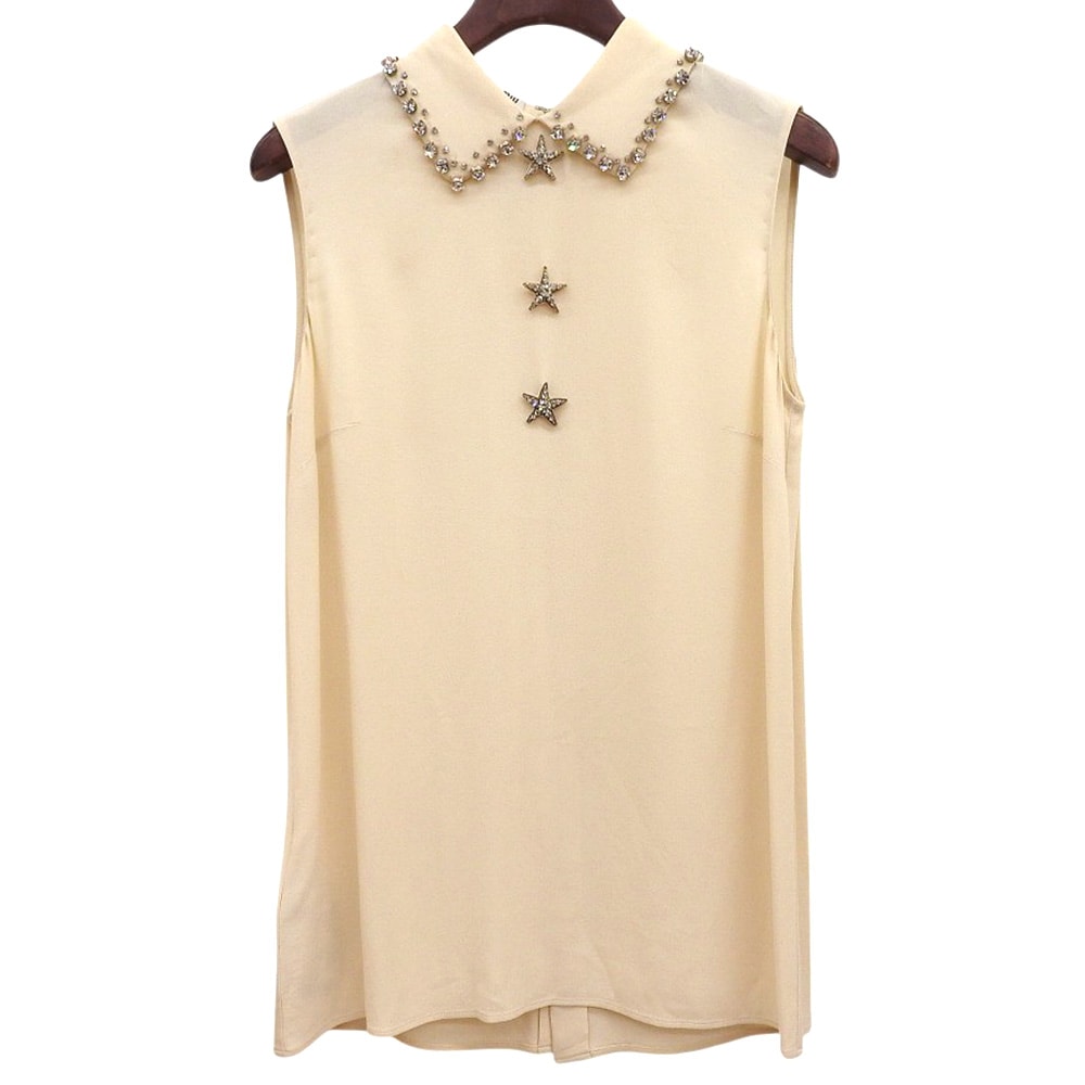 ミュウミュウ スター×ビジュークリスタル ノースリーブ シャツブラウス トップス レディース レーヨン混 ベージュ 36 MK1038 1MLP 36