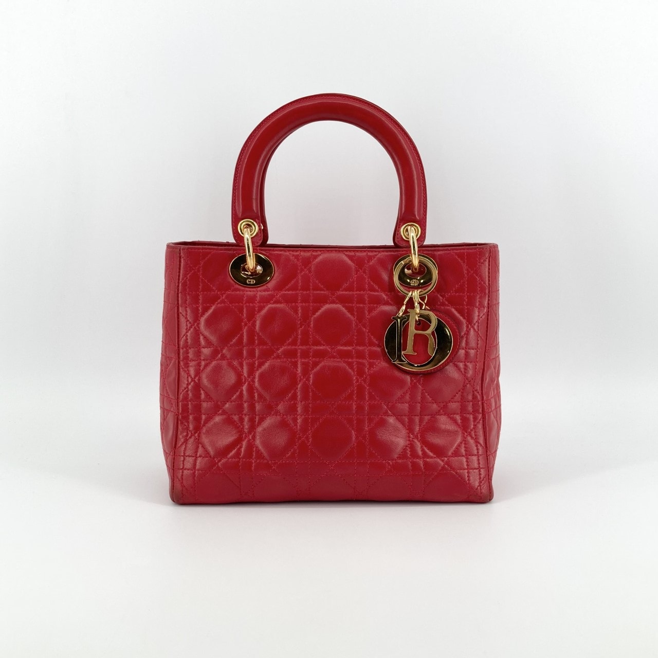 Christian Dior(クリスチャンディオール) レディ ディオール ミディアム レザー 2WAY ハンドバッグ レッド×ゴールド