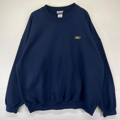 古着 リーボック Reebok スウェット プルオーバー クルーネック トレーナー ワンポイント刺繍ロゴ 大きいサイズ 2XL ネイビー系 メンズ