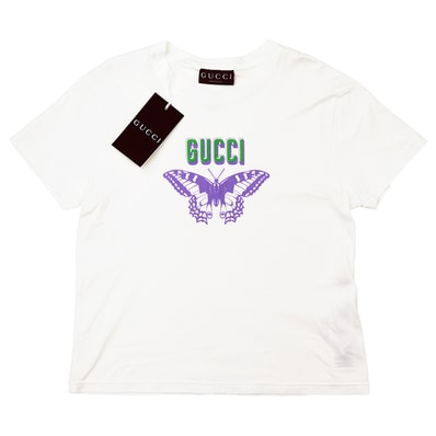 SALE【美品】GUCCI グッチ 半袖Tシャツ サイズ L レディース 2024年モデル バタフライ 蝶 ロゴ プリント クルーネック ショートスリーブ 半袖 トップス ホワイト 白 イタリア製