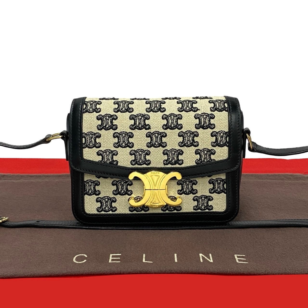 CELINE セリーヌ ティーントリオンフ トリオンフ ロゴ 金具 キャンバス レザー ショルダーバッグ ブラック
 30063
