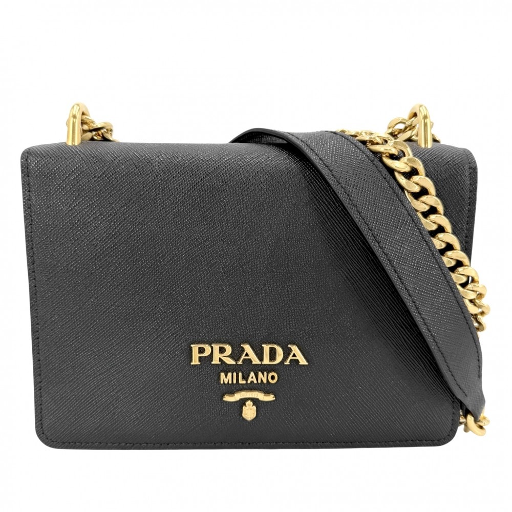 PRADA プラダ ショルダーバッグ チェーンショルダー ポシェット 肩掛け 斜め掛け 1BD133 レザー    ブラック 黒 ゴールド金具 レディース【中古品】