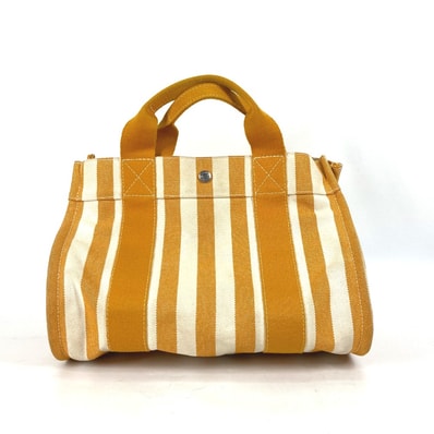 エルメス HERMES カンヌPM ストライプ ポーチ付き トートバッグ カバン ハンドバッグ キャンバス オレンジ