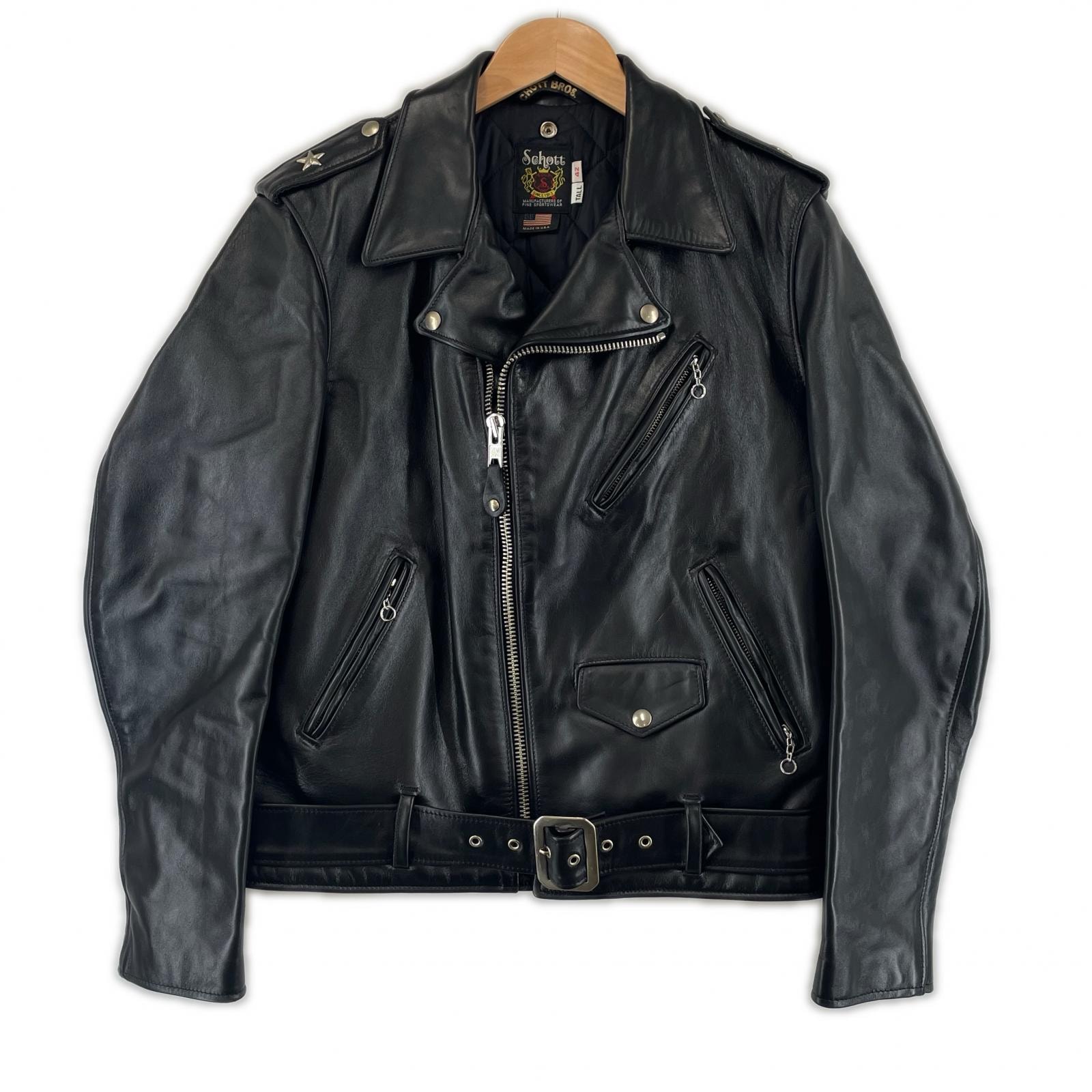 美品 schott ショット 613US ONESTAR 無地 秋冬 AW ライダースジャケット レザー ブラック メンズ 42 ダブル ホースハイド【古着】【中古】