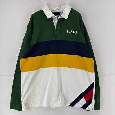 古着 トミーヒルフィガー TOMMY HILFIGER 長袖シャツ ロゴ ボーダー プリント ラガーシャツ マルチカラー XL グリーン系 メンズ