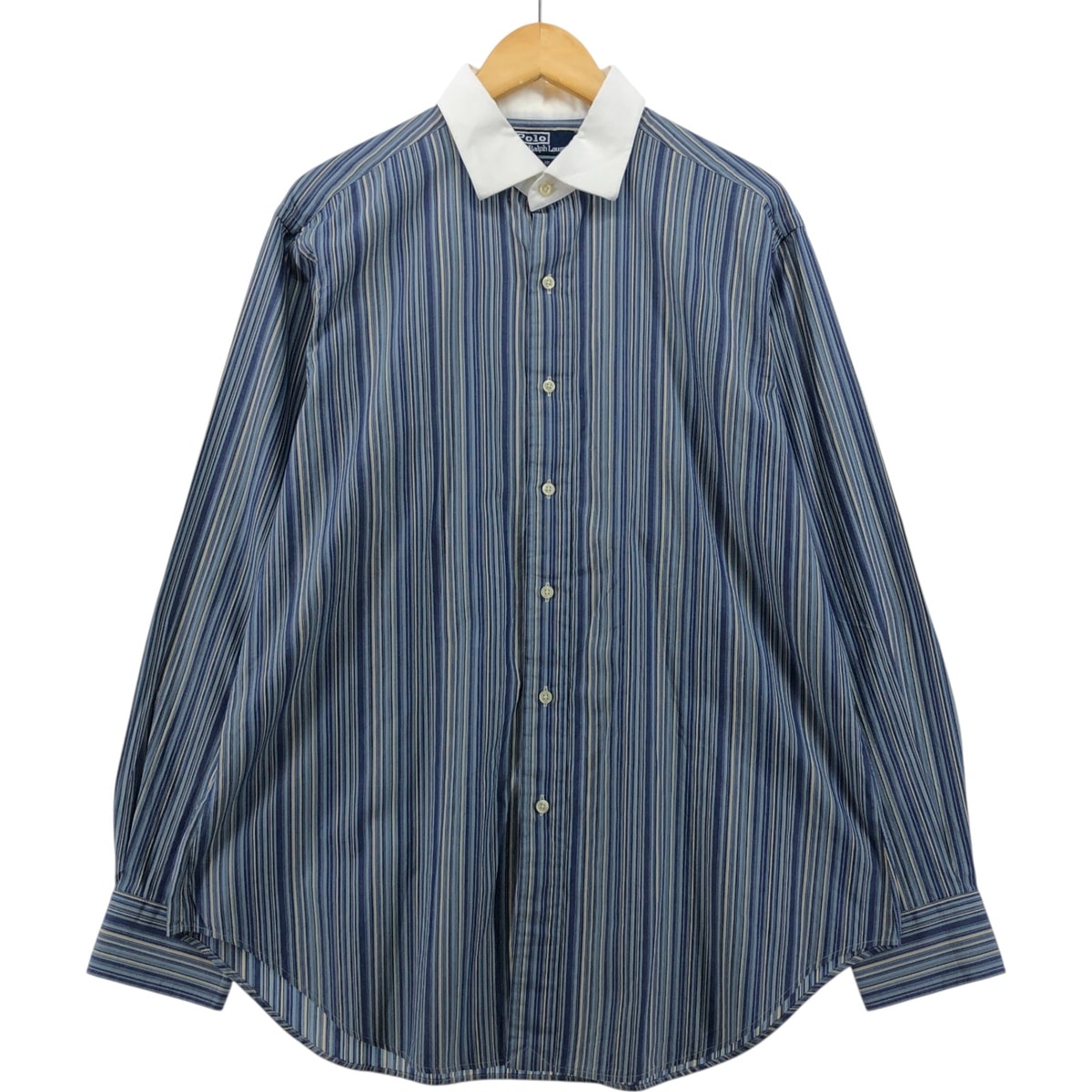 古着 ラルフローレン Ralph Lauren PHILIP 長袖 ワイドカラー コットンストライプシャツ クレリックシャツ メンズL相当/eaa554372