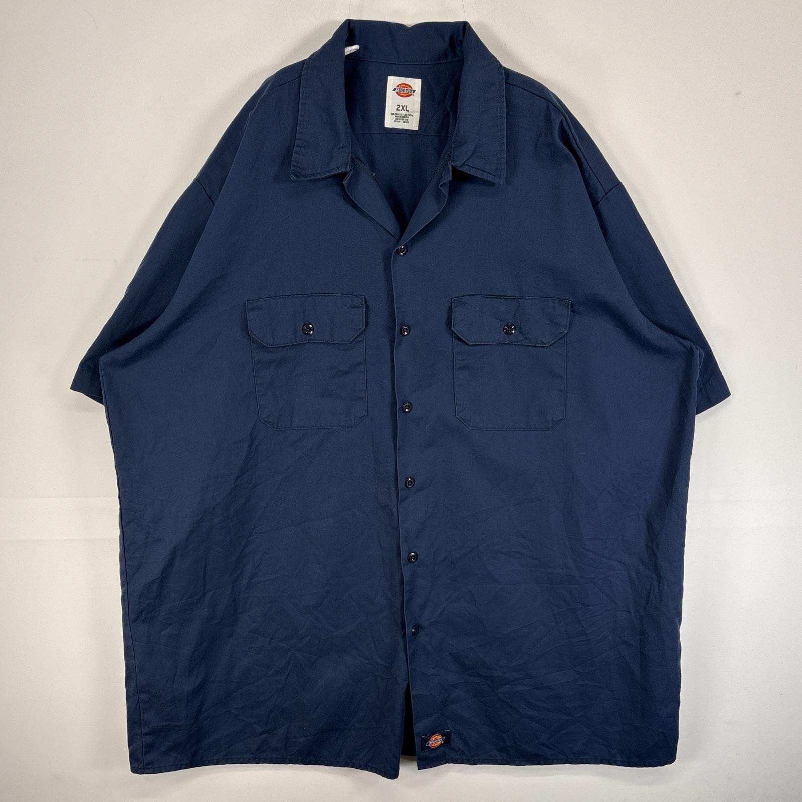 古着 ディッキーズ Dickies 半袖シャツ ワンポイント ロゴ ワーク 作業着 フラップポケ 大きいサイズ 2XL ネイビー 無地 メンズ