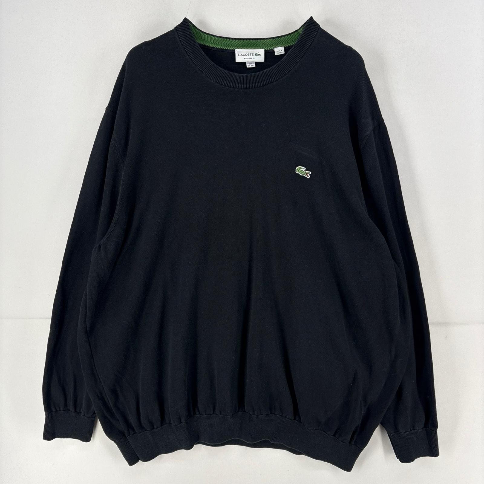 古着 ラコステ LACOSTE ニット プルオーバー 刺繍 クルーネック 大きいサイズ ワンポイント ロゴ セーター 4XL  ブラック 無地 メンズ