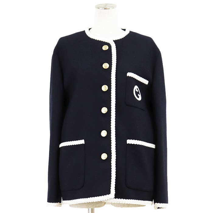 【未使用】GUCCI グッチ ジャケット ウール × ナイロン サイズ 40 レディース 2025年製 GG ロゴ インターロッキング 金ボタン エンブロイダリー 刺繍 アウター タグ・ハンガー付属 ネイビー 紺 イタリア製