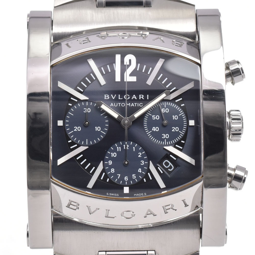 値下 ブルガリ BVLGARI AA48SCH アショーマ クロノグラフ デイト ネイビー 自動巻き メンズ 美品 箱・保証書付き 腕時計 H#147487
