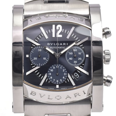 値下 ブルガリ BVLGARI AA48SCH アショーマ クロノグラフ デイト ネイビー 自動巻き メンズ 美品 箱・保証書付き 腕時計 H#147487