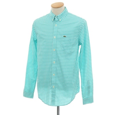 【中古】ラコステ LACOSTE コットン ギンガムチェック ボタンダウン カジュアルシャツ ターコイズxホワイト【サイズ38】【メンズ】