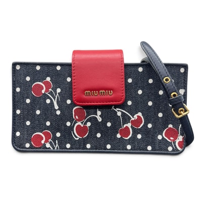 MIUMIU 極美品 ミュウミュウ DENIM CHERRY PO デニム チェリー 2way ショルダーバッグ ポーチ 5ZH042 ネイビー レッド クロスボディ ポシェット フォンホルダー miumiu Aランク 中古 鑑定済 ミュウミュウバッグ