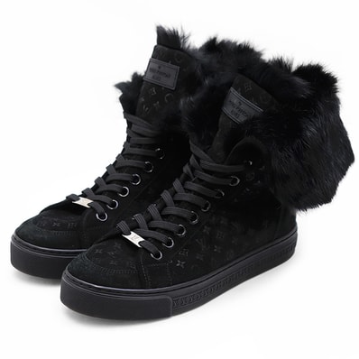 【SALE】LOUIS VUITTON ルイ・ヴィトン スウェード ファー ブーツ サイズ 36 1/2 レディース LVモノグラム レースアップ ハイカット スニーカー シューズ 靴 ブラック 黒 イタリア製