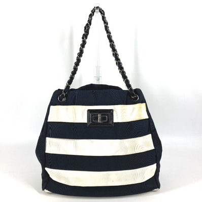 シャネル CHANEL 2.55金具 ボーダー カバン 肩掛け トートバッグ Wチェーン ショルダーバッグ ナイロンキャンバス ブラック