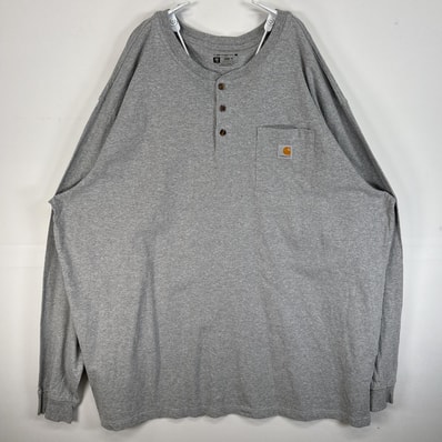 古着 カーハート Carhartt 長袖Tシャツ ヘンリーネック 大きいサイズ 肉厚 ワンポイント ロゴ 胸ポケ 3XL グレー 無地 メンズ