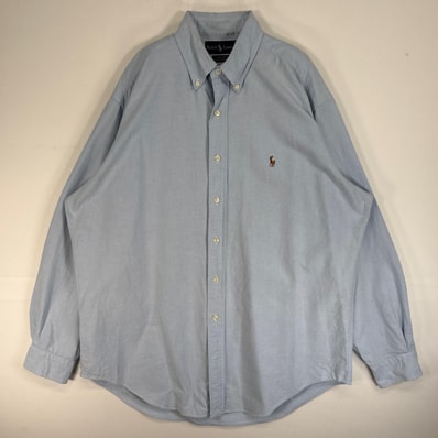 古着 ラルフローレン RALPH LAUREN 長袖シャツ ロゴ 刺繍 オックスフォード L 水色系 無地 メンズ