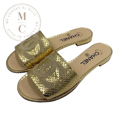 シャネル CHANEL サンダル 靴 シューズ レザー ゴールド フラットサンダル ミュール ココマーク パンチング