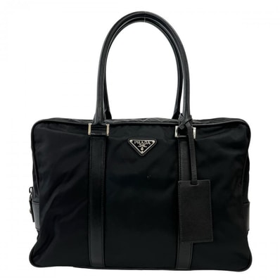PRADA プラダ ハンドバッグ テスート ビジネスバッグ 肩掛け ナイロン サフィアーノ ブラック 黒 シルバー金具 メンズ【中古品】