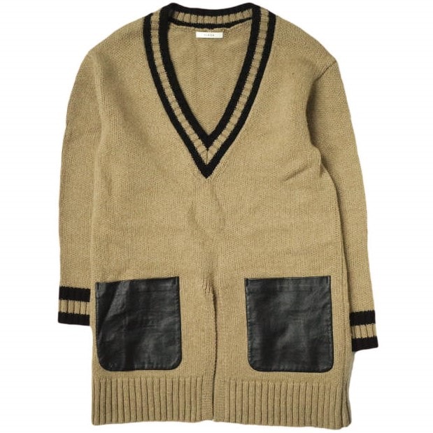 CINOH チノ 18AW V Neck Leather Pocket Knit Vネックレザーポケットニット 18WKN032 Free ベージュ セーター スリット ウール ロング トップス g10569