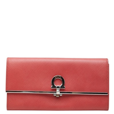 サルヴァトーレフェラガモ ガンチーニ フラップ 長財布 ウォレット レッド系 シルバー レザー レディース Salvatore Ferragamo 中古