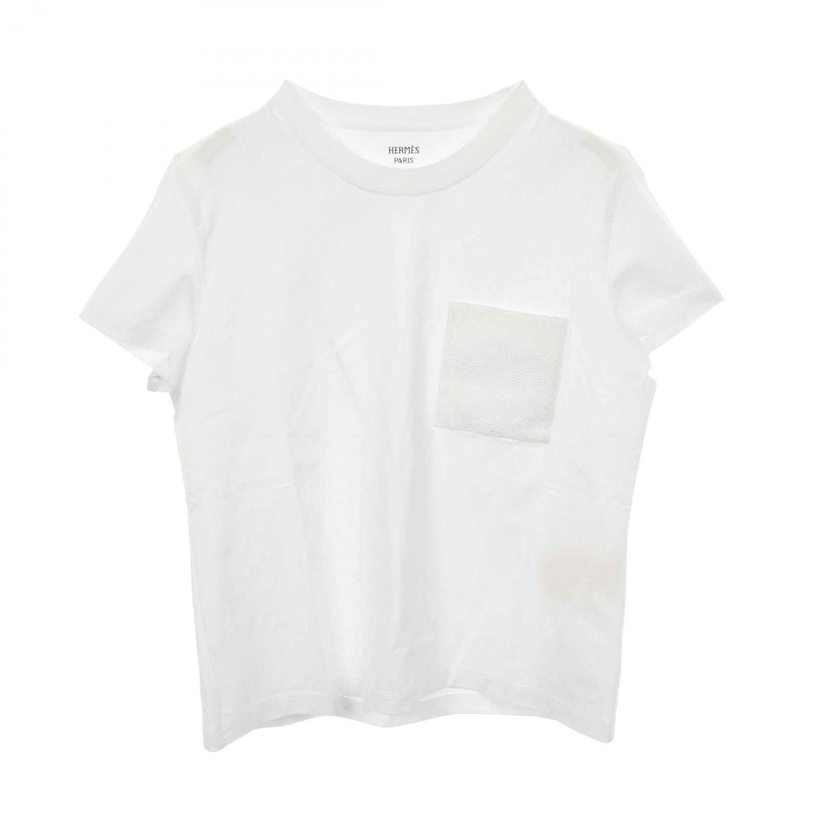 エルメス HERMES モザイク刺繍パッチポケット 半袖Tシャツ 衣料品 トップス コットン ホワイト レディース ホワイト系 【中古】