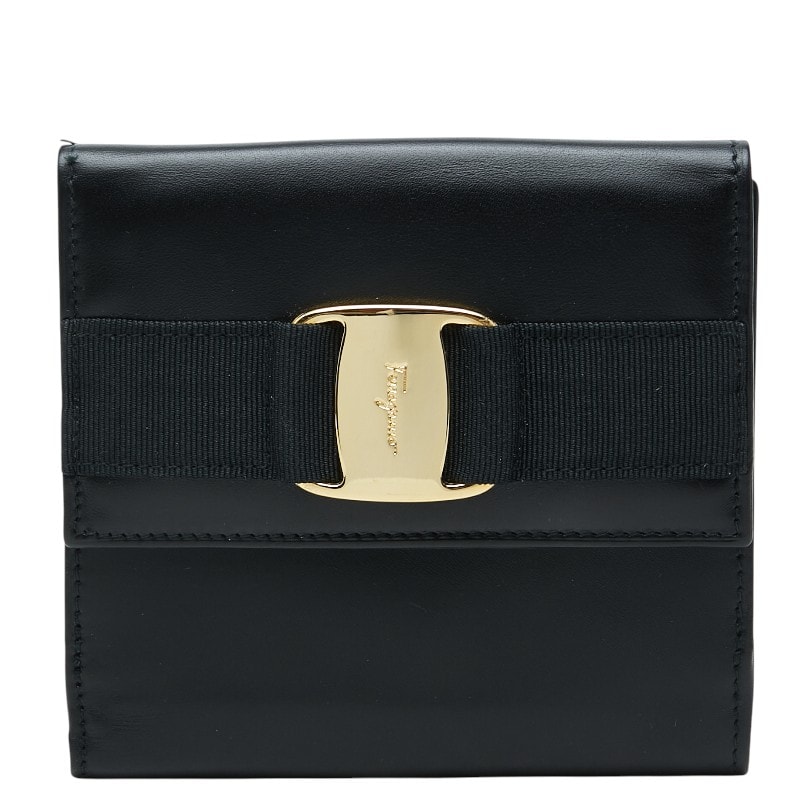 サルヴァトーレフェラガモ ヴァラ リボン 二つ折り財布 224074 ブラック ゴールド レザー レディース Salvatore Ferragamo 【中古】