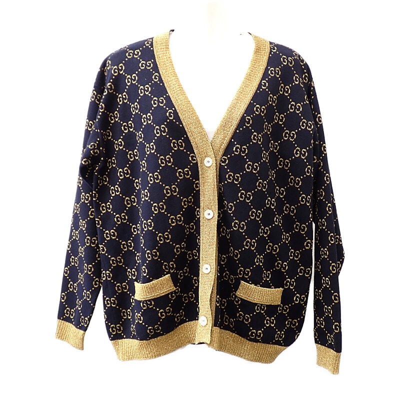 グッチ GUCCI GG コットンラメ ファブリック M 529193_X9W83_4921 カーディガン コットン ネイビー ゴールド メンズ レディース【中古】【Aランク】