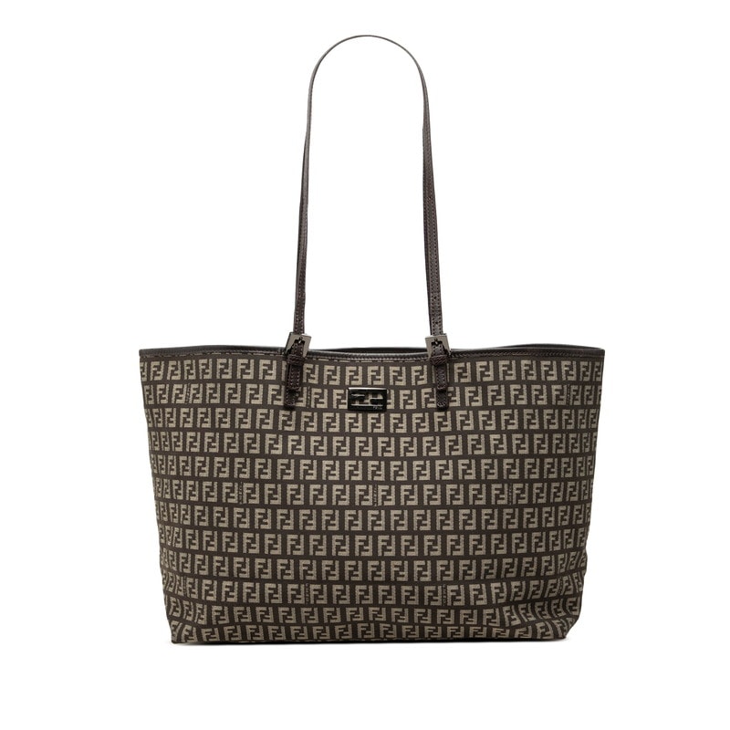 フェンディ ズッキーノ トートバッグ ショルダーバッグ 8BH127 ブラウン ベージュ キャンバス レザー レディース FENDI 中古