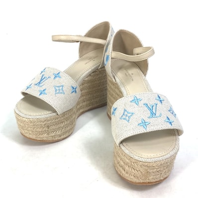 ルイヴィトン LOUIS VUITTON ストラップ付 スターボード・ライン モノグラム 靴 ウエッジソール サンダル レザー/キャンバス ブルー 未使用