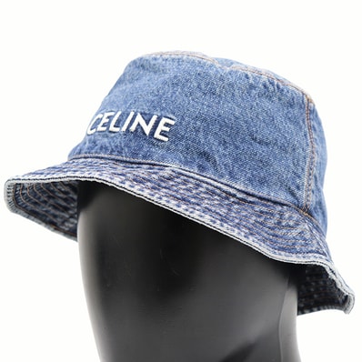 【美品】CELINE セリーヌ デニム バケットハット サイズ L メンズ レディース ユニセックス ロゴ刺繍 ヴィンテージライク 帽子 小物 ライトインディゴ フランス製