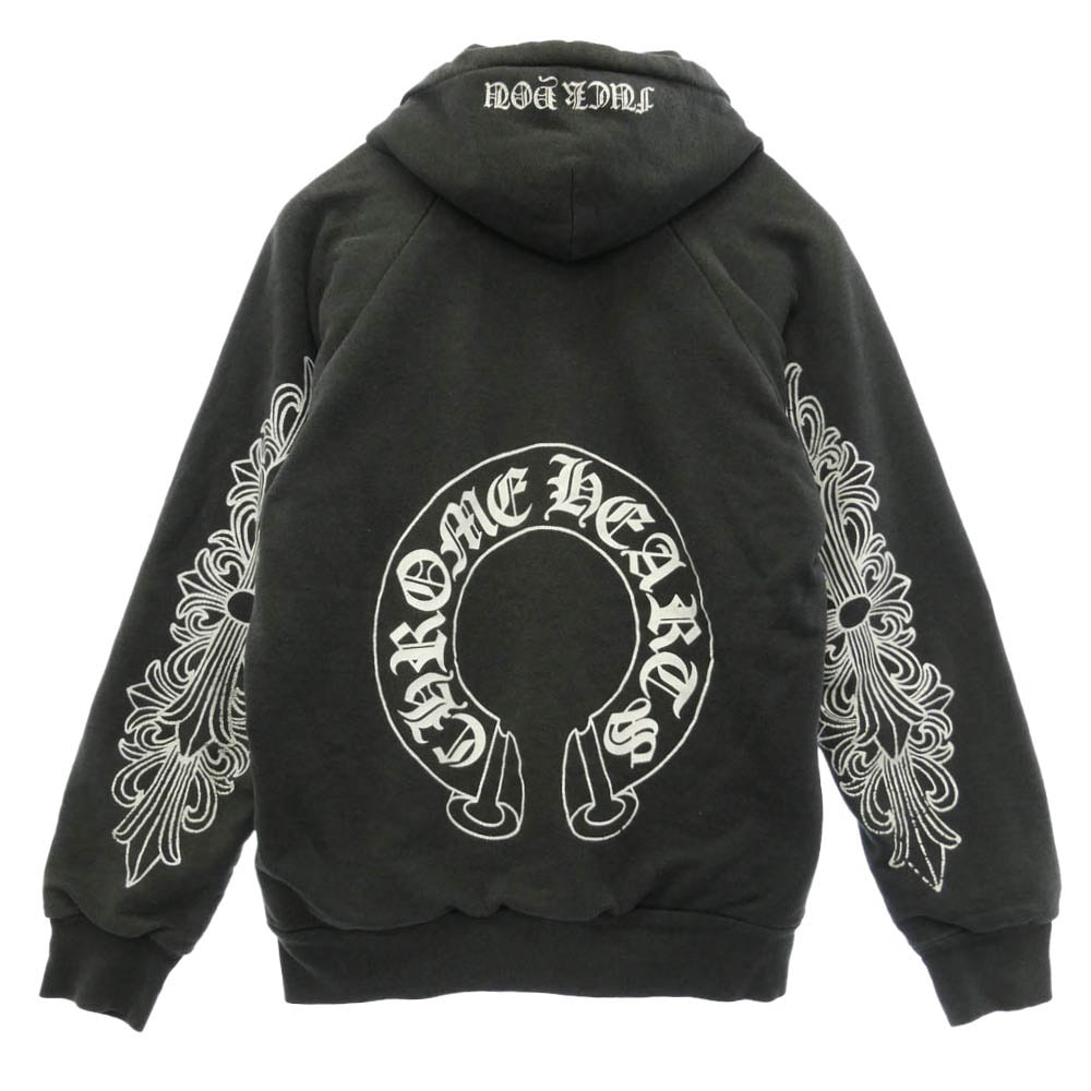 CHROME HEARTS クロムハーツ(原本無) OLD オールド 裏地サーマル 袖フローラル バックホースシュー FUCK YOU ファックユー フーディー パーカー ブラック系【中古】