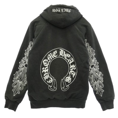 CHROME HEARTS クロムハーツ(原本無) OLD オールド 裏地サーマル 袖フローラル バックホースシュー FUCK YOU ファックユー フーディー パーカー ブラック系【中古】