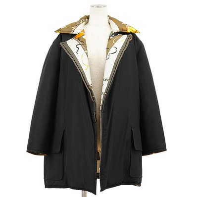 【美品】HERMES エルメス パデッドコート ヴィンテージ デッドストック LE CARNAVAL DE VENISE ル・カーニバル・ドゥ・ヴェニス プリント シルク100% 高密度タフタ リバーシブル アウター レディース 38 黒 マルチカラー 仏製
