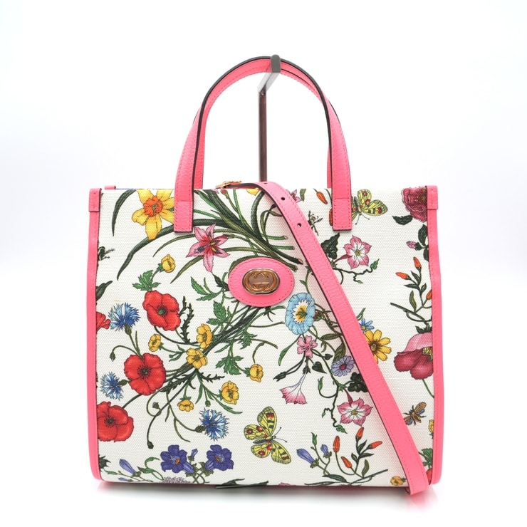 GUCCI(グッチ)フローラ 2WAYハンドバッグ トートバッグ ショルダーバッグ フローラル 花柄 ピンク キャンバス レザー ゴールド金具 550141【中古】