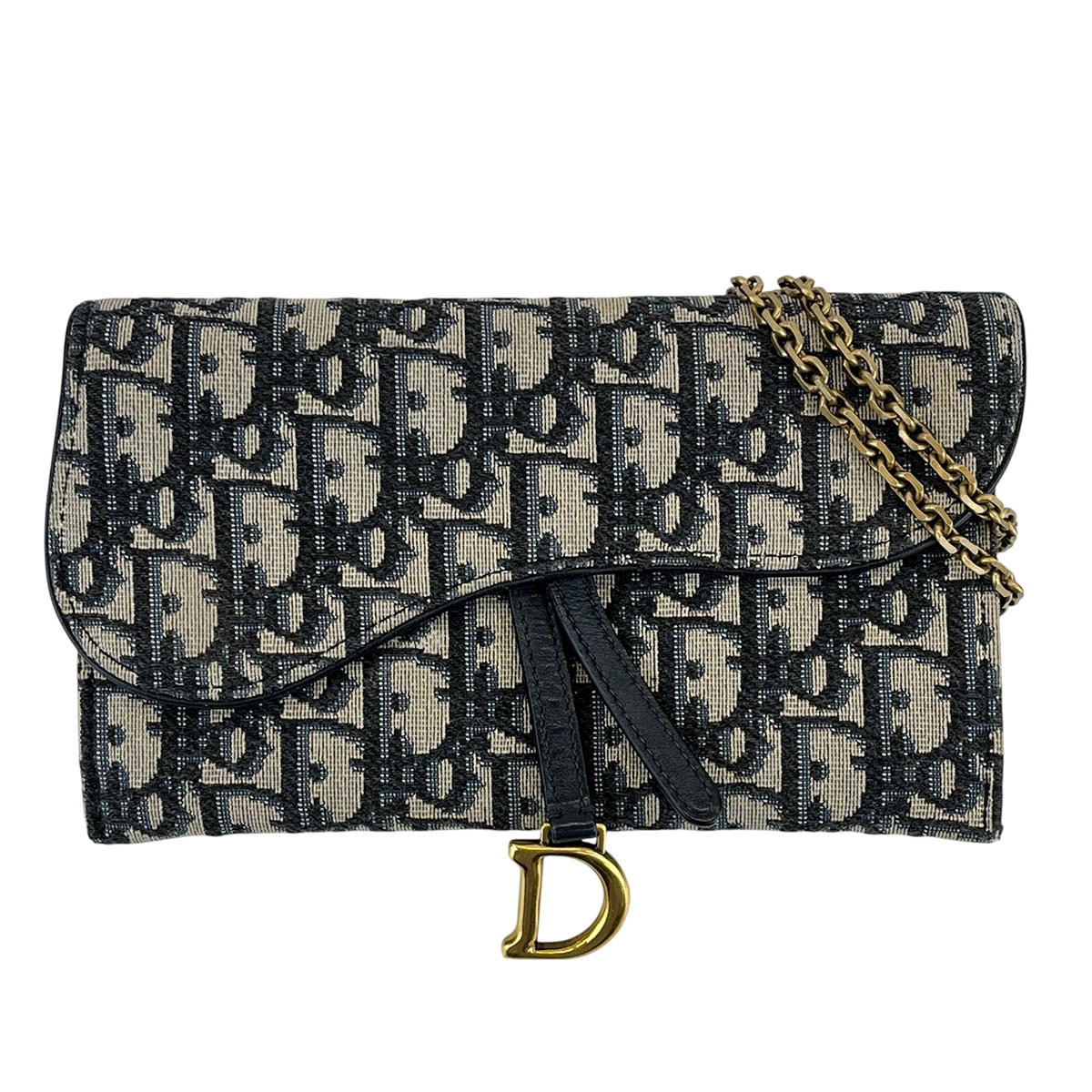 Dior ディオール オブリーク サドル チェーン ウォレット ショルダーバッグ S5614CTZQ キャンバス ネイビー レディース【中古】