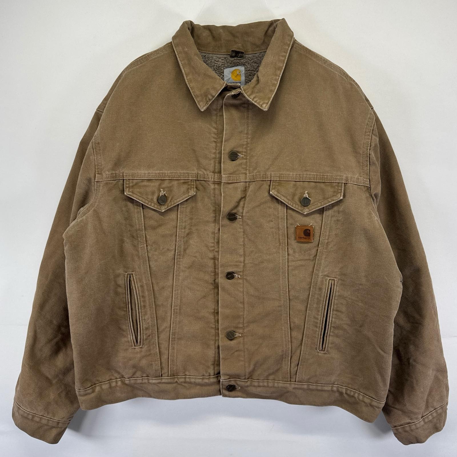古着 カーハート Carhartt ダック ジャケット ワンポイント 刺繍 バックロゴデザイン 裏ボア ワークジャケット 2XL  ブラウン系 メンズ
