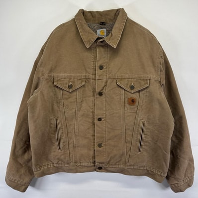 古着 カーハート Carhartt ダック ジャケット ワンポイント 刺繍 バックロゴデザイン 裏ボア ワークジャケット 2XL ブラウン系 メンズ