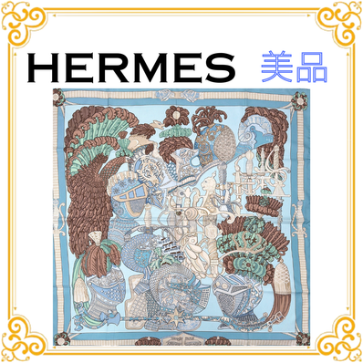 ■美品■ HERMES エルメス カレ90 ARMETS et PANACHE 羽飾りの騎兵兜 レディース スカーフ 水色 大判 シルク ショール ストール ブルー