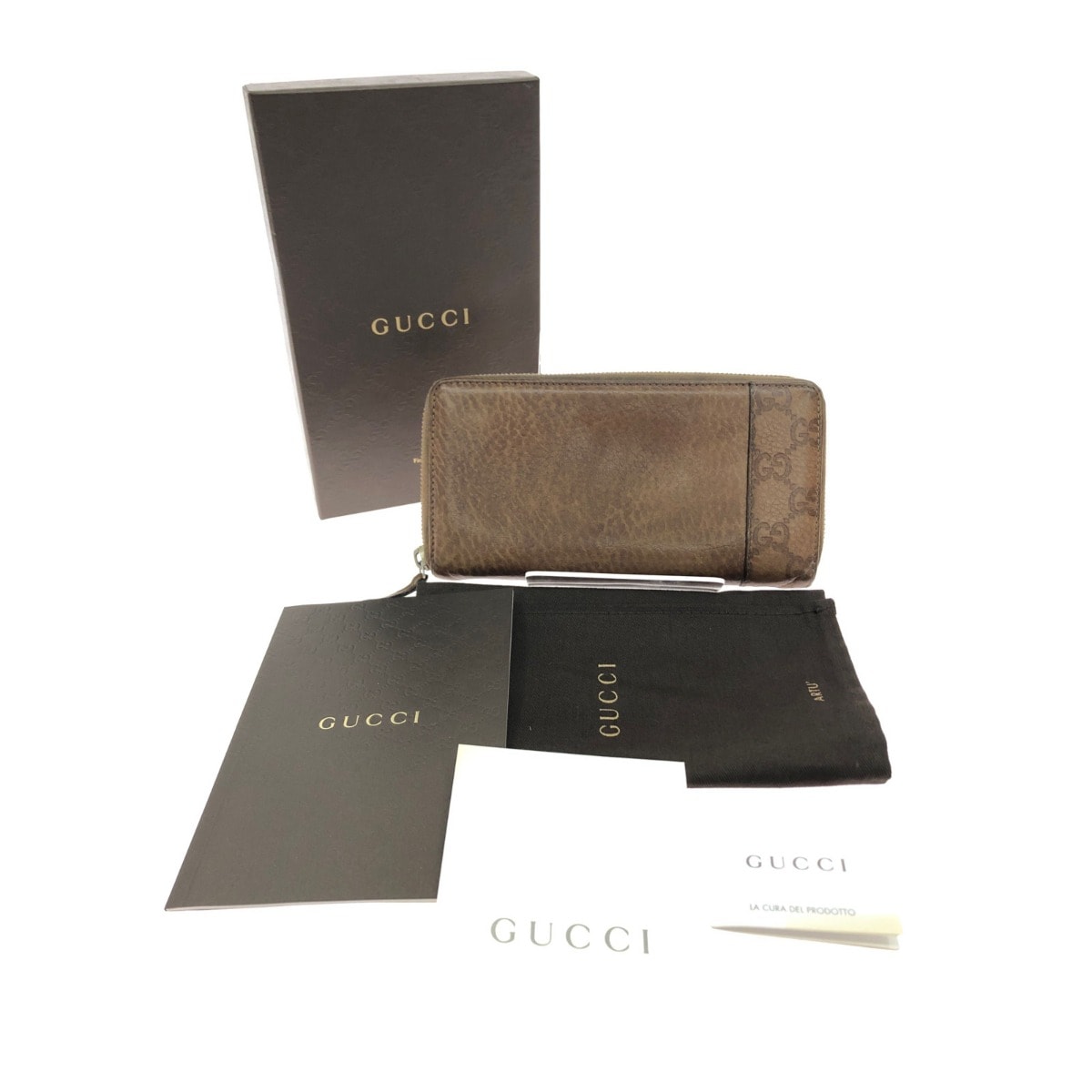 GUCCI グッチ ラウンドファスナー 長財布 GG シマレザー 箱付 256439・496334 ブラウン