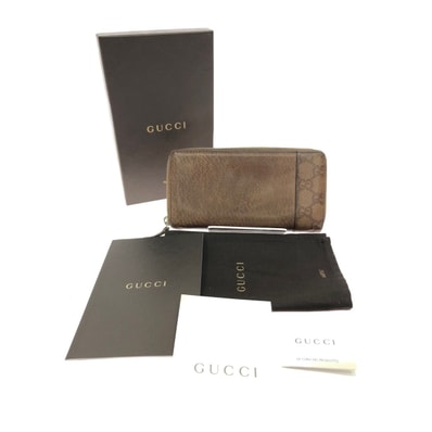 GUCCI グッチ ラウンドファスナー 長財布 GG シマレザー 箱付 256439・496334 ブラウン