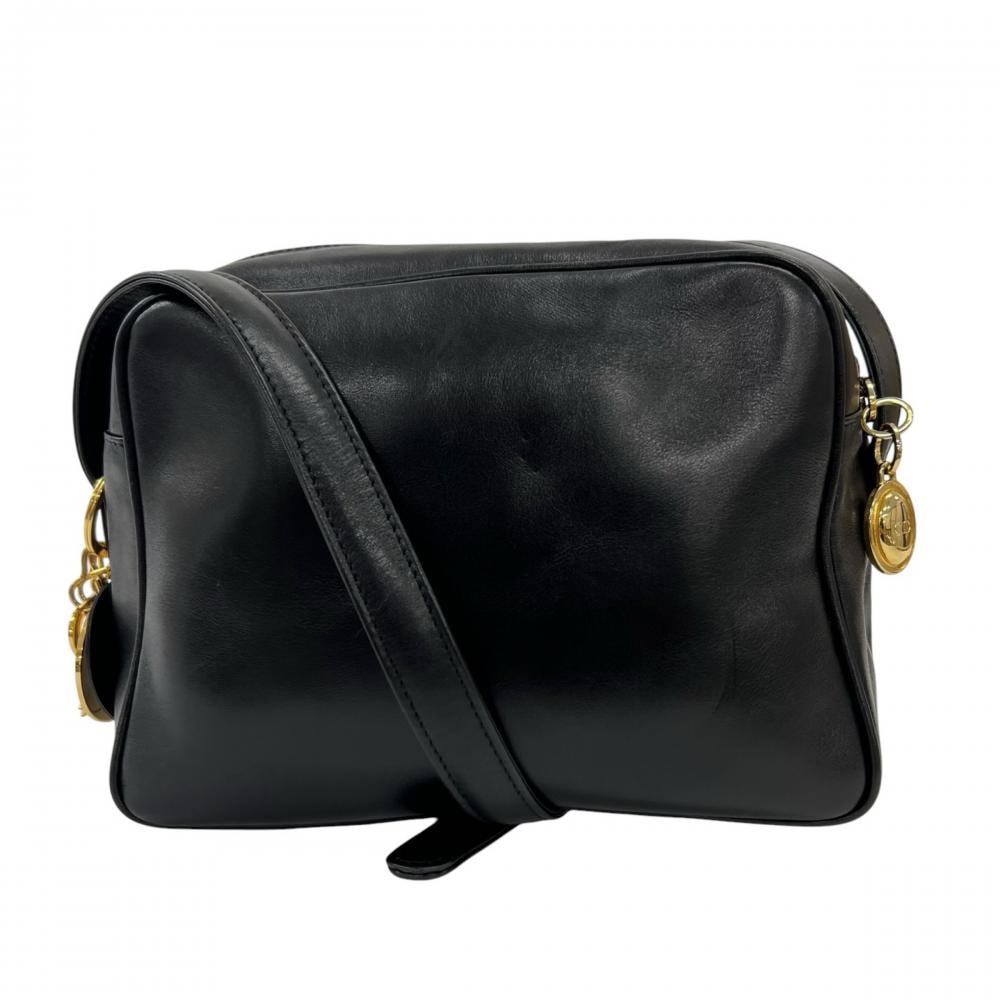 Christian Dior クリスチャンディオール ショルダーバッグ ロゴチャーム 斜め掛け レザー    ブラック 黒 ゴールド金具 レディース 美品【中古品】