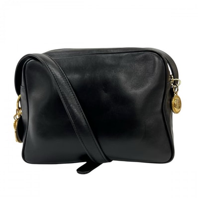 Christian Dior クリスチャンディオール ショルダーバッグ ロゴチャーム 斜め掛け レザー ブラック 黒 ゴールド金具 レディース 美品【中古品】