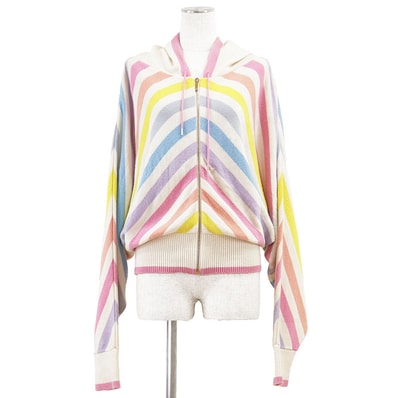 CHANEL シャネルオム ジップアップパーカー ニット カシミヤ100% P60513 ユニセックス サイズ 50 COCOマーク LA PAUSA ラ パウザ ロゴ チャーム マルチカラーボーダー フーディー ドルマンスリーブ カーディガン 英国製