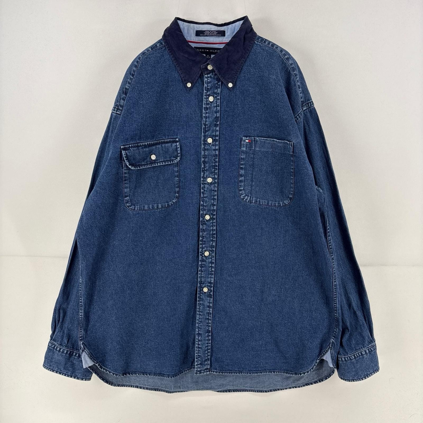 古着 トミーヒルフィガー TOMMY HILFIGER デニム 長袖シャツ ワンポイント 胸ポケット デニムシャツ ロゴ 刺繍 XL ブルー メンズ
