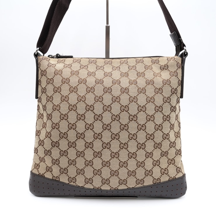 GUCCI(グッチ)GGキャンバス ヴィンテージ ショルダーバッグ ベージュ ブラウン レザー シルバー金具 斜め掛け 145857 2123【中古】
