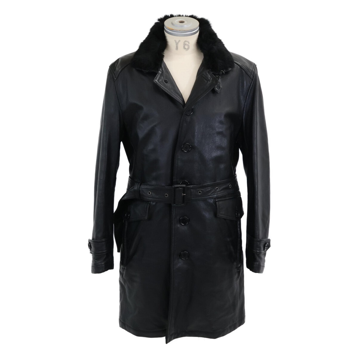 バーバリーブラックレーベル ブラック ラビットファー付き ラムレザー シングルトレンチコート LL